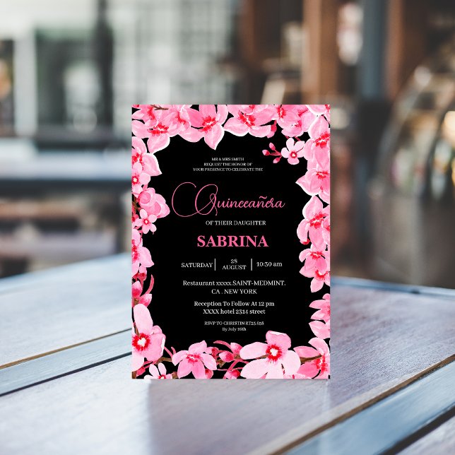 Invitation Quinceanera en fleurs de cerisier noir et rose (Créateur téléchargé)
