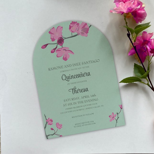 Invitation Quinceanera en fleurs de cerisier rose et menthe v (Créateur téléchargé)