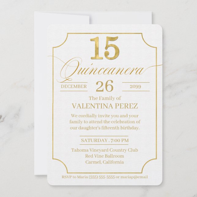 Invitation Quinceanera en langue anglaise or avec photo (Dos)