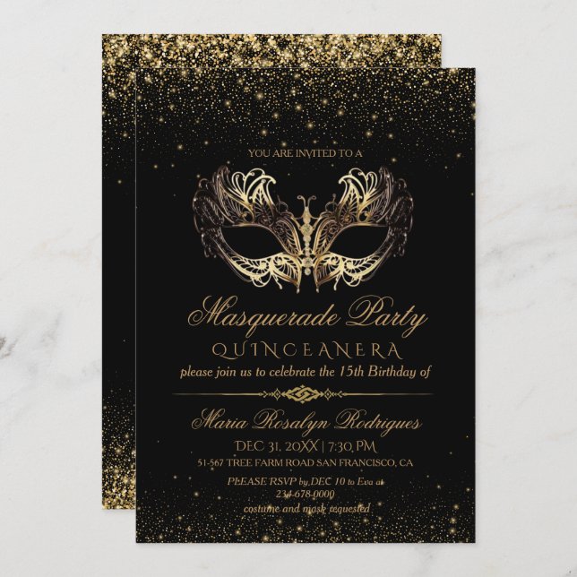 Invitation Quinceanera en or noir (Devant / Derrière)