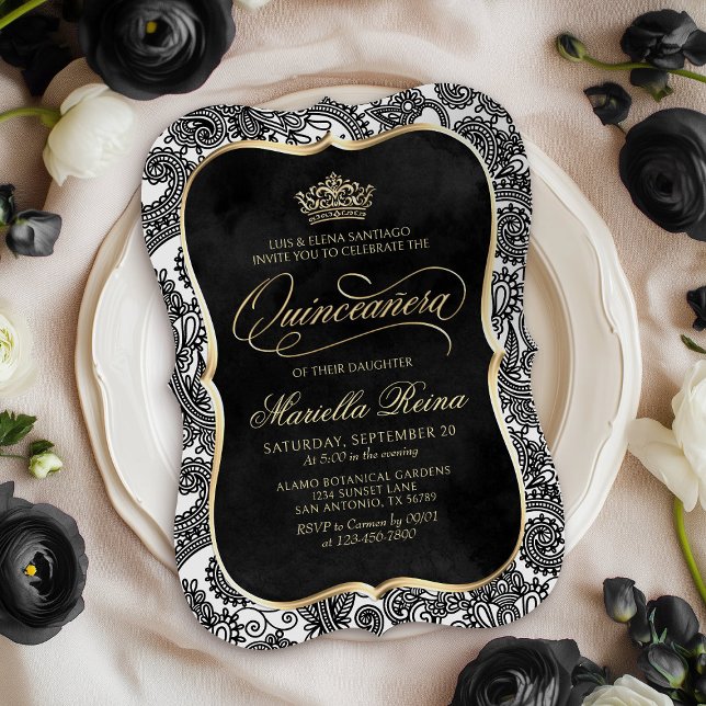 Invitation Quinceañera en or noir blanc (Créateur téléchargé)