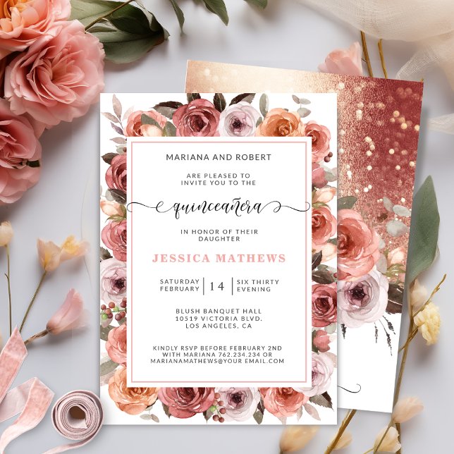 Invitation Quinceañera en or rose avec fleurs rose et blush (Créateur téléchargé)