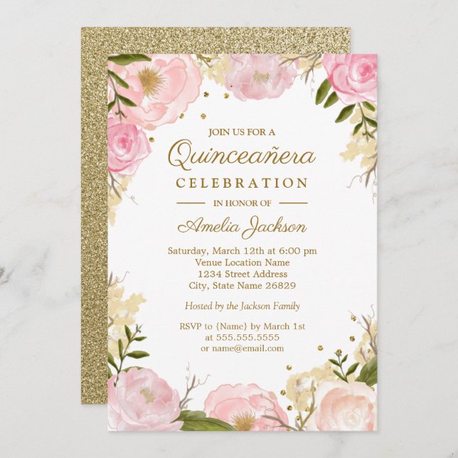 Invitation Quinceanera en or rose floral étincelant (Devant / Derrière)
