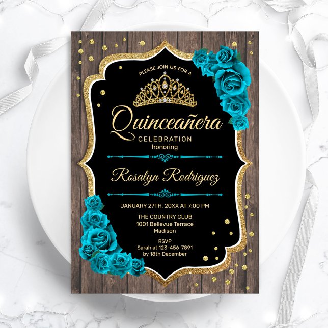 Invitation Quinceanera en or Turquoise en bois rustique (Créateur téléchargé)