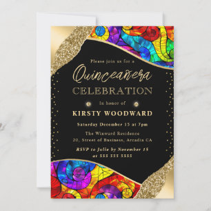 Invitation Quinceanera en verre multicolore et doré