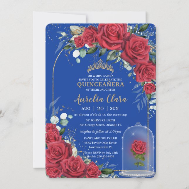 Invitation Quinceañera Enchanted Rose rouge Floral Royal Bleu (Devant)