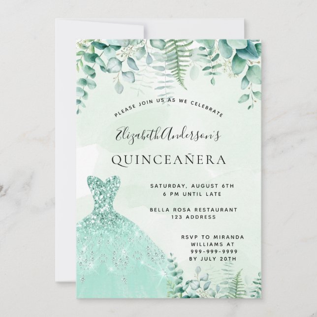 Invitation Quinceanera enchantée forêt robe verte (Devant)