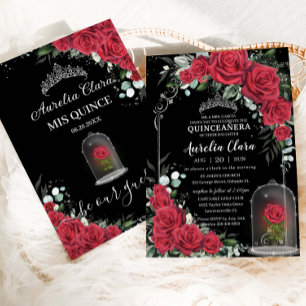 Invitation Quinceañera Enchantée Rose Rouge Floral Argent Noi