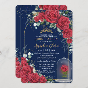 Invitation Quinceañera Enchantée Rose rouge floral bleu marin