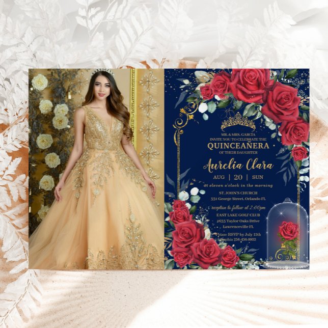 Invitation Quinceañera Enchantée Rose rouge floral bleu marin (beautiful enchanted rose fairytale red roses cloche Quinceañera Sweet 16 birthday photo invitation)
