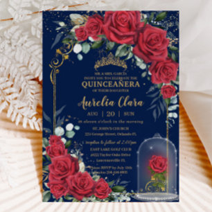 Invitation Quinceañera Enchantée Roses rouges Floral Marine B