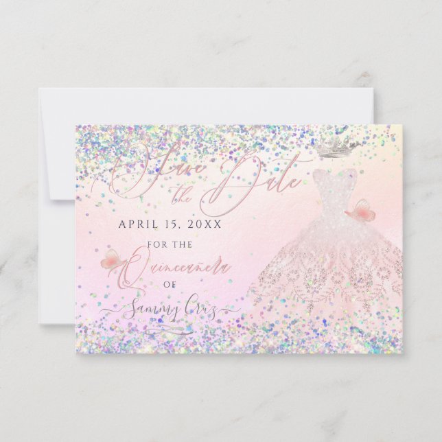 Invitation Quinceanera Enregistrer Date Holographique Confett (Devant)