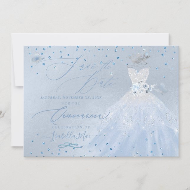 Invitation Quinceanera Enregistrer la date Bleu Argent (Devant)