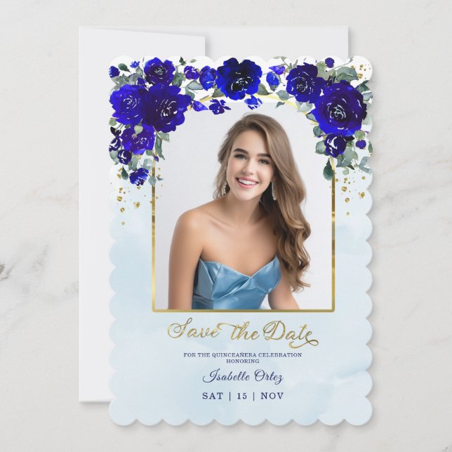 Invitation Quinceañera Enregistrer La Date Photo Royal Blue G (Devant)