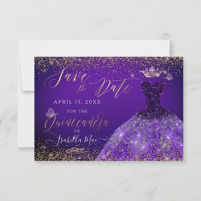 Invitation Quinceanera Enregistrer la date Purple Gliter Gown (Devant)