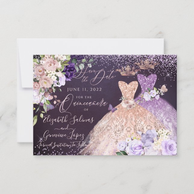 Invitation Quinceanera Enregistrer la date Rose Gold Dusty Pu (Devant)