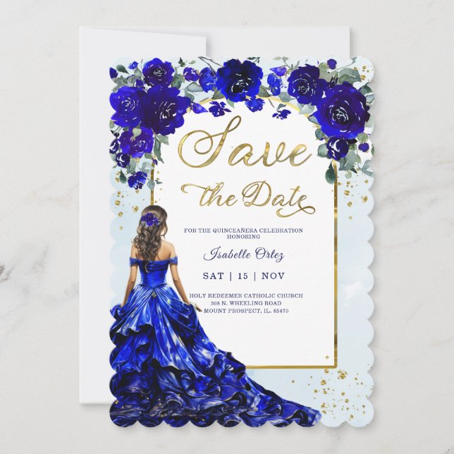 Invitation Quinceañera Enregistrer la date Royal Bleu et Or (Devant)