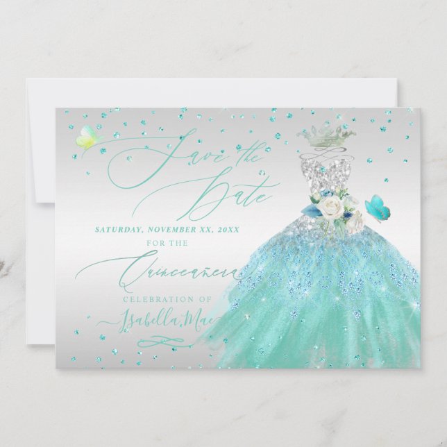 Invitation Quinceanera Enregistrer la date Turquoise Argent (Devant)