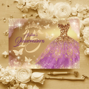 Invitation Quinceanera Éperche Or Robe pourpre