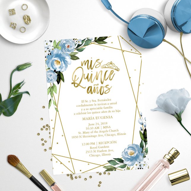 Invitation Quinceañera Espagnol Bleu Feuille D'Or (Créateur téléchargé)