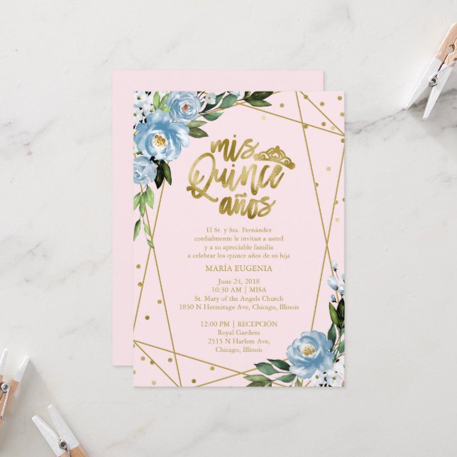 Invitation Quinceañera Espagnol Rose Bleu Feuille  (Devant/Arrière en situation)
