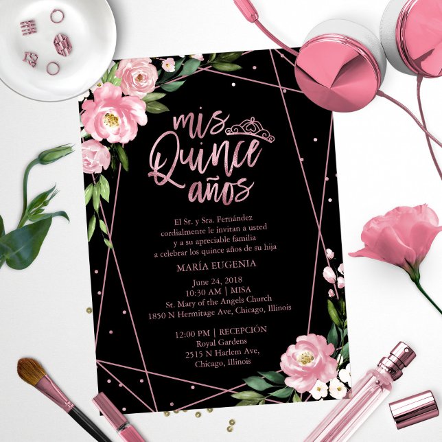 Invitation Quinceañera Espagnol Rose Fuschia Or Ro (Créateur téléchargé)