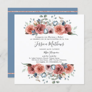 Invitation Quinceanera espagnole, bleu Dusty et florale rose