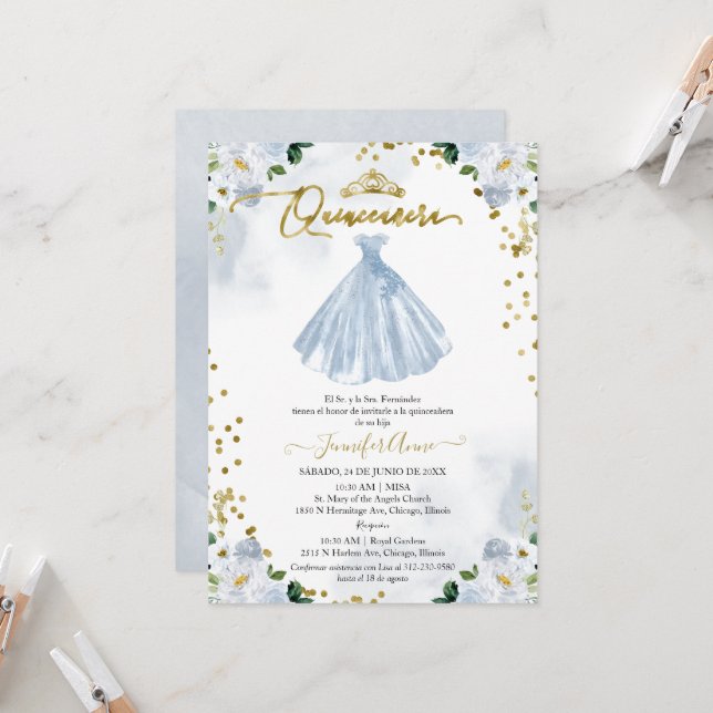 Invitation Quinceañera Espagnole Robe Fleurie Bleu (Devant/Arrière en situation)