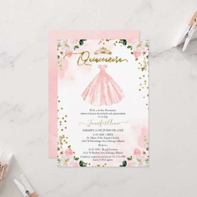Invitation Quinceanera Espagnole Robe Fleurie Rose (Devant/Arrière en situation)