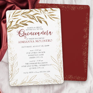 Invitation Quinceanera et feuilles rouges et dorées de luxe d