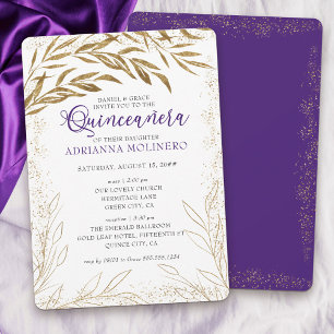 Invitation Quinceanera et luxe violet et feuilles d'or pour l