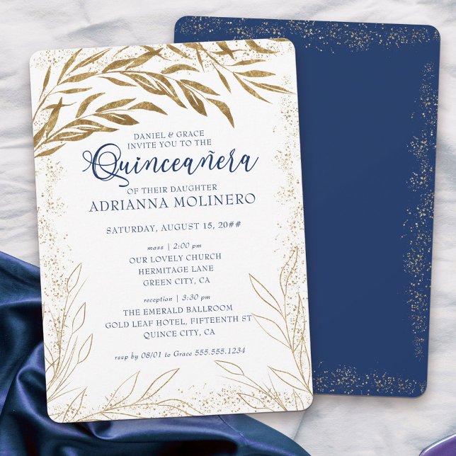 Invitation Quinceanera et Mass Luxe Royal Blue Gold Feuilles (Elegant invitation to Quinceanera & church blessing white, blue and gold - my Gold Leaf Collection
)