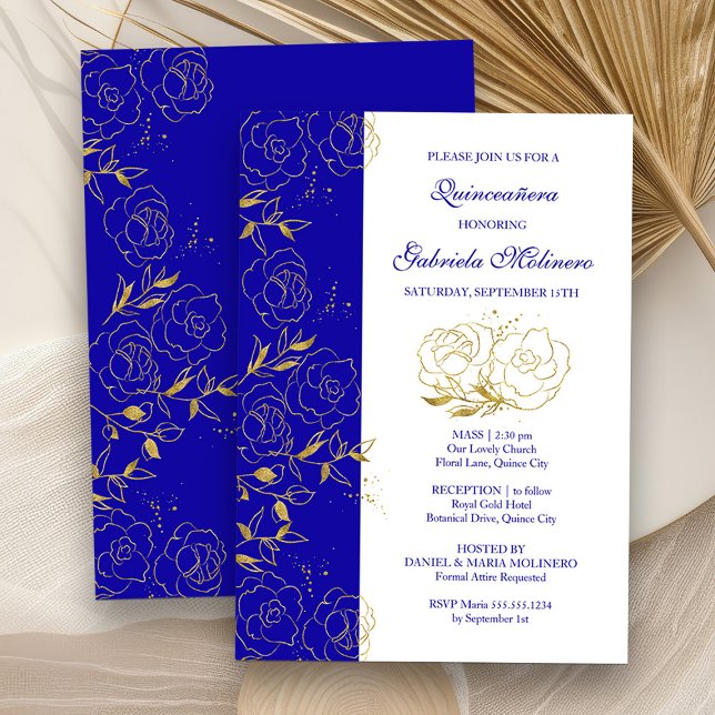 Invitation Quinceanera et Masse Royal Bleu et or Floral (Mass and Quinceanera Invitation from my Elegant Gold Flowers Quinceanera Collection)
