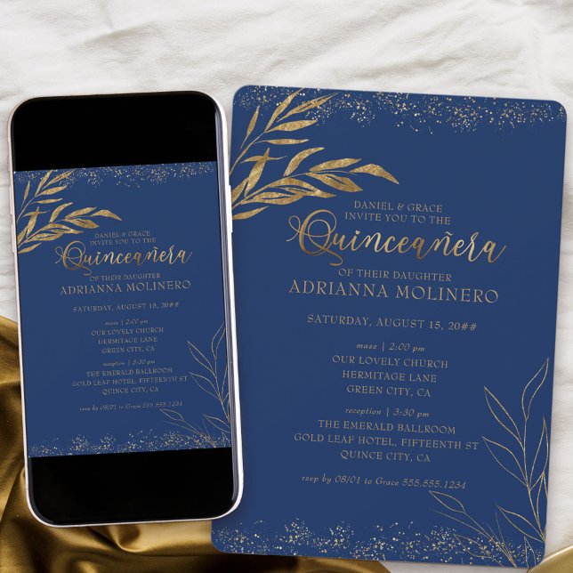 Invitation Quinceanera et Masse Royal Blue et Gold Leaf (Elegant invitation to Quinceanera and church ceremony in blue from my Gold Leaf Collection
)