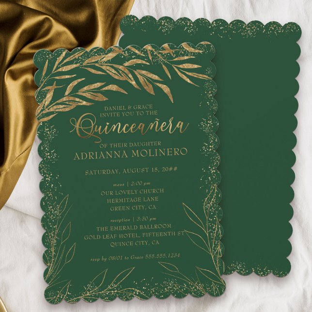 Invitation Quinceanera et messe Emerald Feuilles vert et or (Elegant Quinceanera & religious ceremony invitation in emerald green from my Gold Leaf Collection)