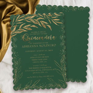 Invitation Quinceañera et Messe Émeraude Vert et Feuilles Dor