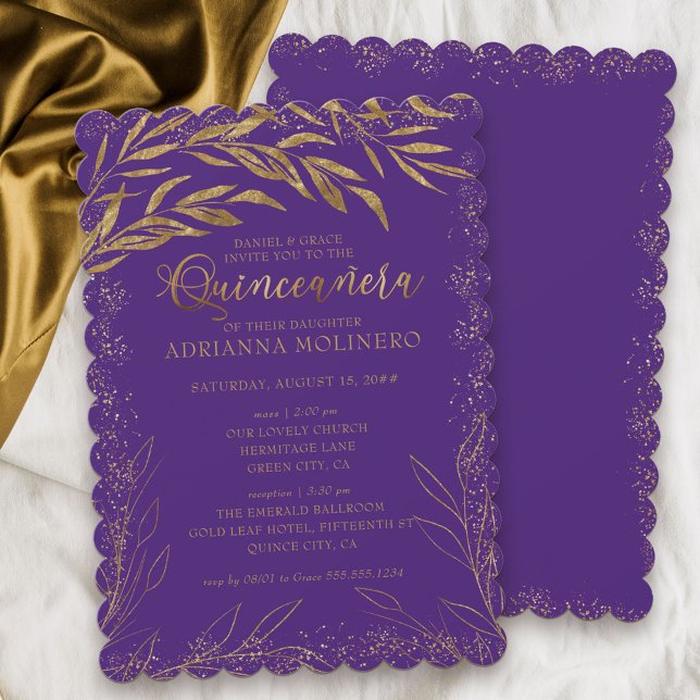 Invitation Quinceanera et messe Feuilles violets et or de lux (Elegant invitation to Quinceanera and church ceremony in purple from my Gold Leaf Collection
)