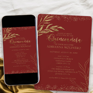 Invitation Quinceanera et Messe Rouge et Feuille d'Or