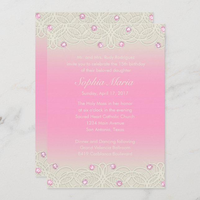 Invitation Quinceanera Étincelle rose et dentelle (Devant / Derrière)