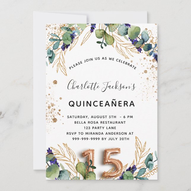 Invitation Quinceanera eucalyptus parties scintillant verte é (Devant)