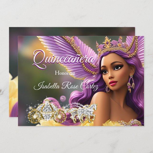 Invitation Quinceanera Fairytale Purple Rose Gold Carrie A (Devant / Derrière)