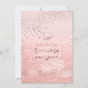 Invitation Quinceanera/Faux Rose Gold Confetti+Snow Bokeh