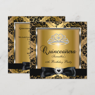 Invitation Quinceanera Fête 15ème Or Damassé Argent Noir
