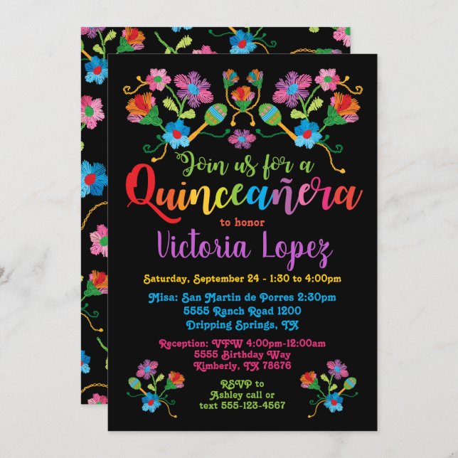 Invitation Quinceañera fête d'anniversaire avec broderie (Devant / Derrière)