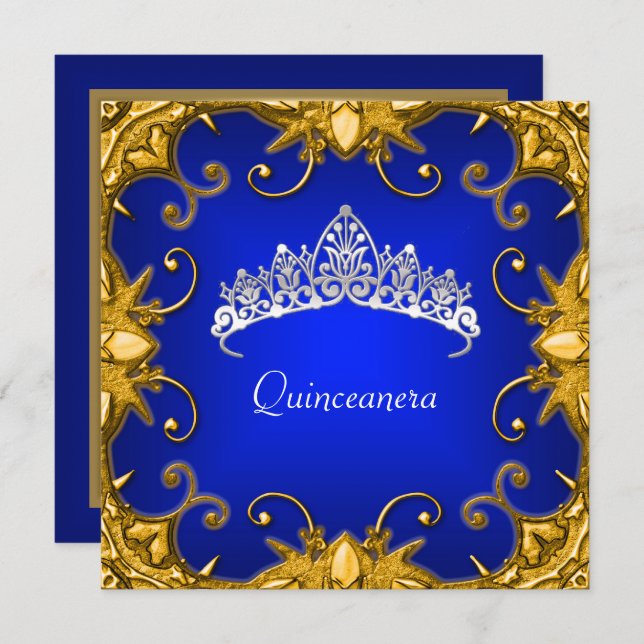 Invitation Quinceanera fête d'anniversaire Bjue Gold White Ti (Devant / Derrière)