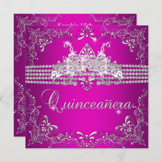 Invitation Quinceanera fête d'anniversaire Hot rose Silver Ti (Devant / Derrière)