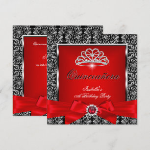 Invitation Quinceanera Fête des 15 ans Rouge Damas Argent Noi