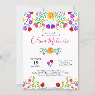 Invitation Quinceanera Fête Mexicaine Floral Coloré Blanc