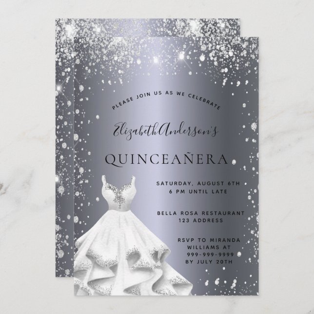 Invitation Quinceanera fête robe argent parties scintillant p (Devant / Derrière)