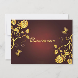 Invitation Quinceanera feuille d'or sur bordeaux,